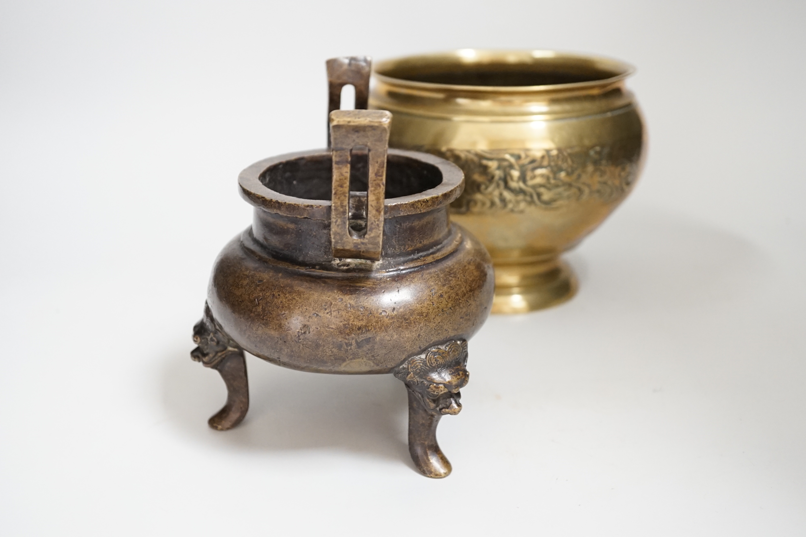 A Chinese bronze censer, 15cm high and a Chinese brass bowl, 13cms high